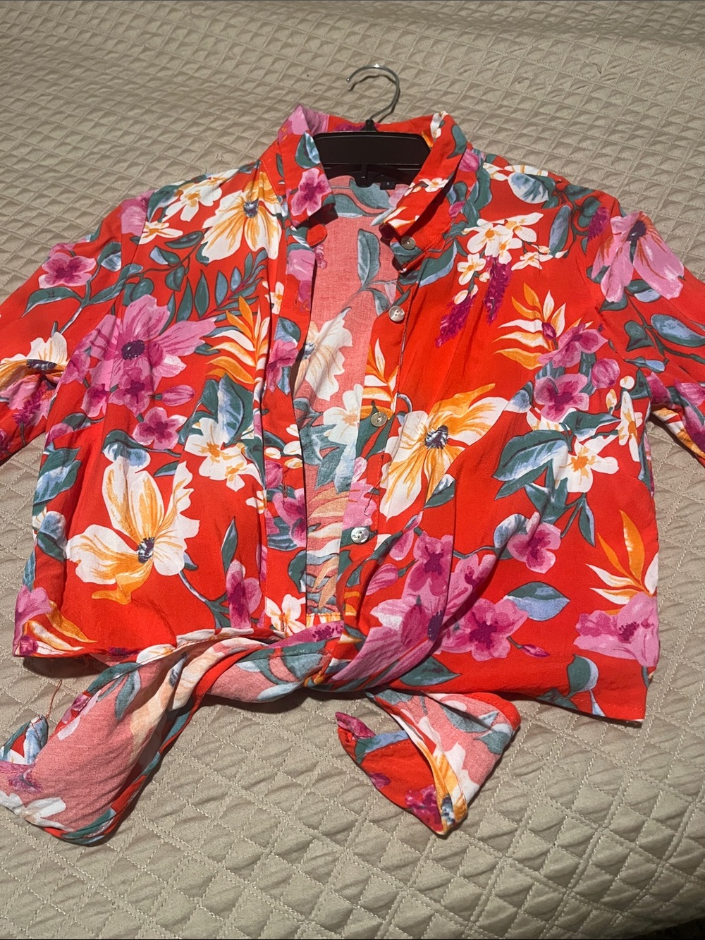 Cynthia Rowley Red Floral Tie-Front Button Down Shirt